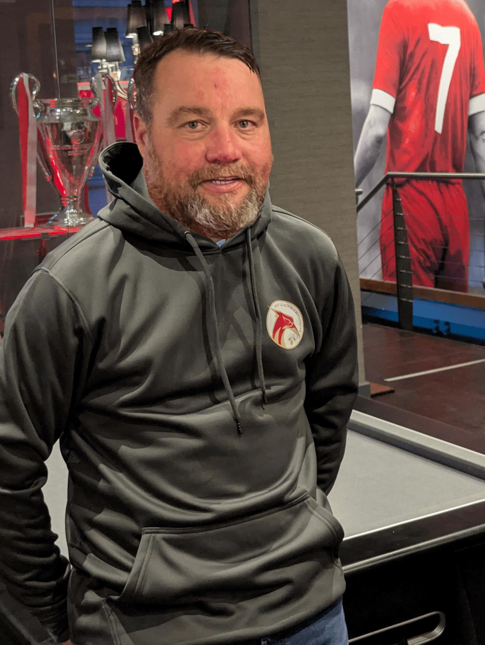 Reds Champions Hoodie in Grey modelled by Tony